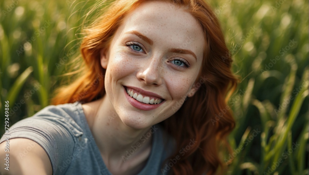 Portrait of a cheerful ginger female with freckles taking a selfie in a green field, her wavy red hair and captivating blue eyes radiating joy. Portrait of a cheerful ginger female with freckles taking a selfie in a green field, her wavy red hair and captivating blue eyes radiating joy.