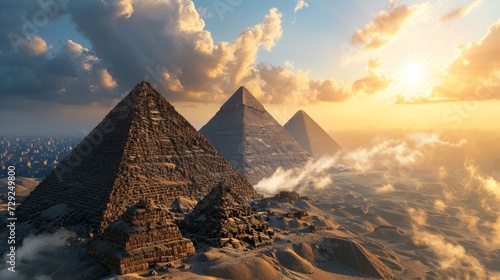 Grand pyramids  drone s perspective  sun on horizon  vast sandy terrain  immersive and detailed sunset over Egyp Generative AI