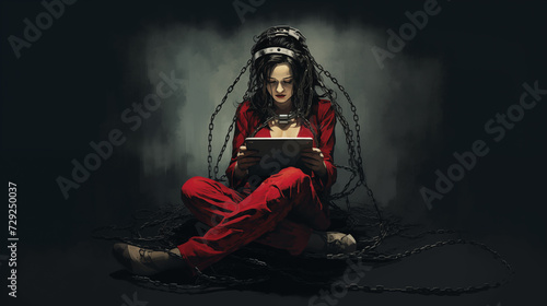 Illustration of a lonely person chained to new technologies, symbolizing addiction to screens and the danger of the internet