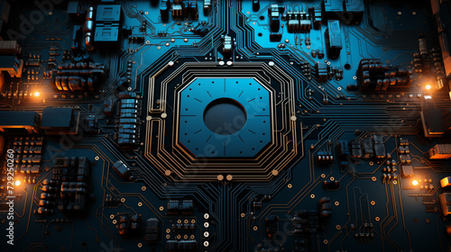 Electronic circuit board close up. CPU chip on Motherboard. Abstract 3D render of a processor computer chip on a cicuit board with microchips and other computer parts. Circuit board background