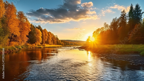 Small forest river at sunset