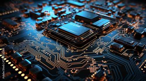 Electronic circuit board close up. CPU chip on Motherboard. Abstract 3D render of a processor computer chip on a cicuit board with microchips and other computer parts. Circuit board background photo