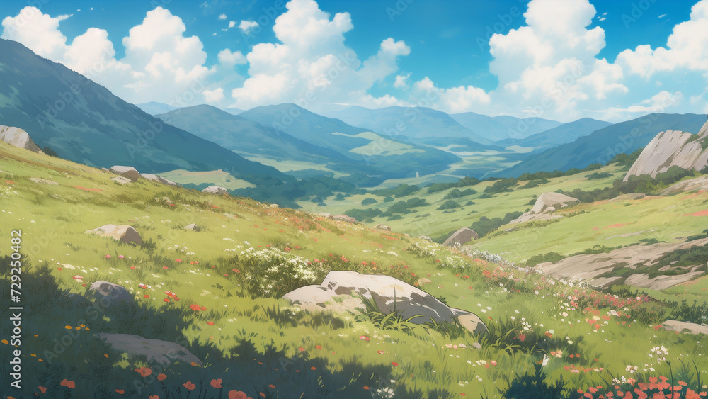 Beautiful anime-style illustration of a grassy mountain valley scattered with wildflowers