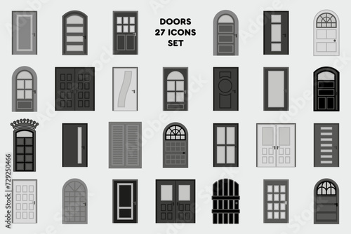 Doors for home and building, icons isolated on white background, vector illustration of external and internal elements.