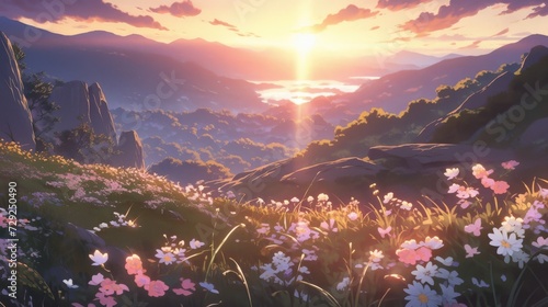 Anime-style illustration of a valley full of wildflowers at golden hour