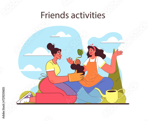 Friends activities concept. Enjoying a peaceful gardening session together. Nurturing plants and friendship with care and laughter. Harmonious connection with nature. Flat vector illustration.