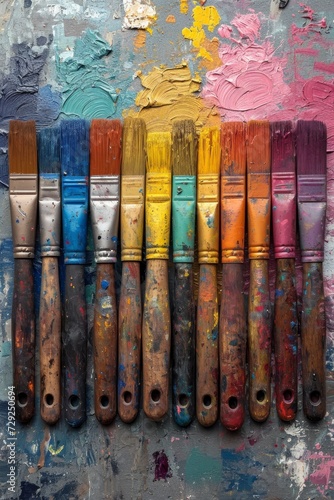 Artistic brushes smeared in paint on a background covered with multicolored oil paints