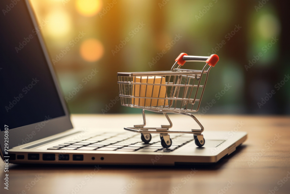 A miniature shopping cart standing in front of laptop, Online shopping concept.
