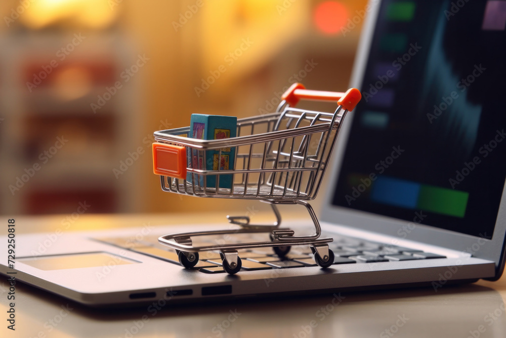 A miniature shopping cart standing in front of laptop, Online shopping concept.