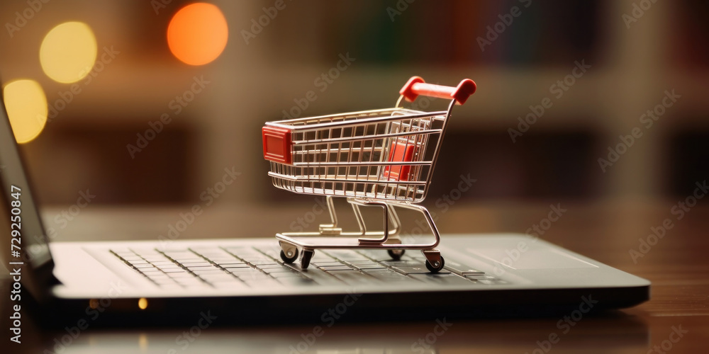 A miniature shopping cart standing in front of laptop, Online shopping concept.
