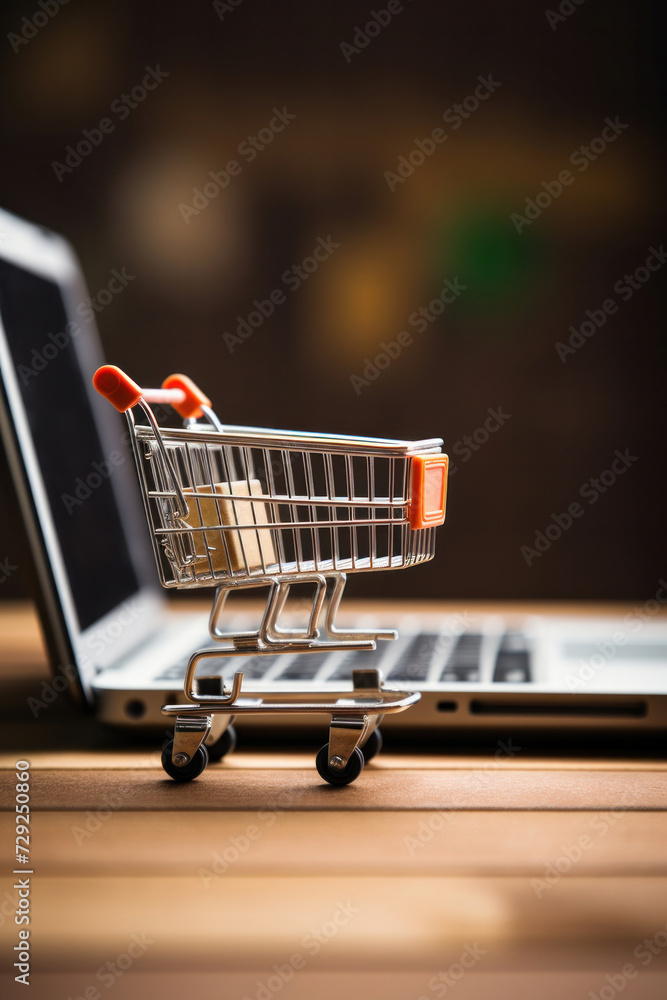 A miniature shopping cart standing in front of laptop, Online shopping concept. A miniature shopping cart standing in front of laptop, Online shopping concept.