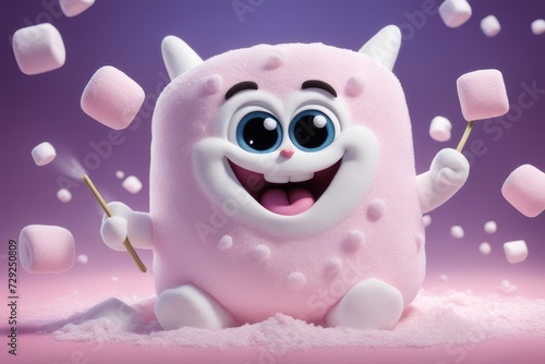 A bright pink marshmallow is smiling on a pink background.Sweet delicious marshmallow jumps and scatters powdered sugar. © olenakucher