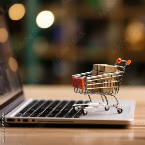 A miniature shopping cart standing in front of laptop, Online shopping concept.