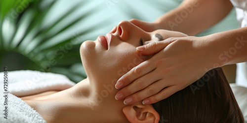  Hands of the masseur make manual cosmetology massage of face head to client young woman with closed eyes.Concept of natural scalp treatment hair growth release stress and tiredness stimulation