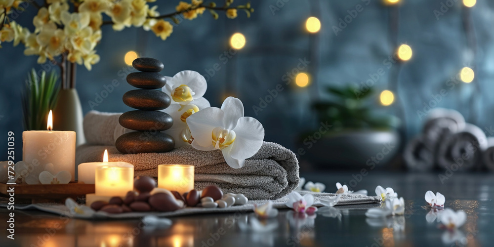 Skincare, spa, health and massage or relaxation concept. Candle, spa and relax with natural aromatherapy treatment in a room for luxury or wellness on dark table Skincare, spa, health and massage or relaxation concept. Candle, spa and relax with natural aromatherapy treatment in a room for luxury or wellness on dark table