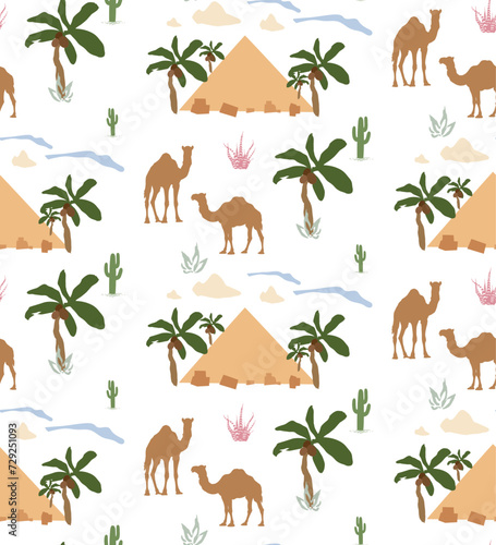 Palm Camel Pyramid Cactus Vector Seamless Cute Camels with Cactus Seamless Pattern Good for Fabric Textile Vector Elements Desert Landscape Camels Cloud Cactus Seamless Pattern Vector Illustration