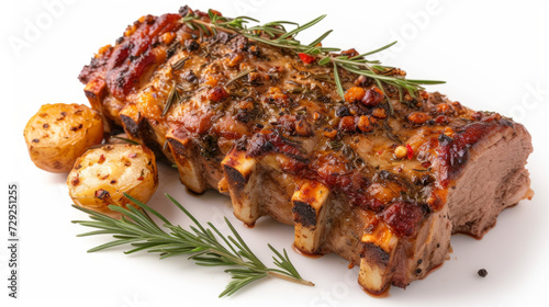 Juicy Easter roast of lamb with herbs. Easter celebration concept and festive products