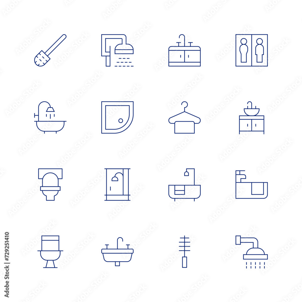 Bathroom line icon set on transparent background with editable stroke. Containing toiletbrush, shower, toilet, showerhead, sink, towel, bathtub, toilets.