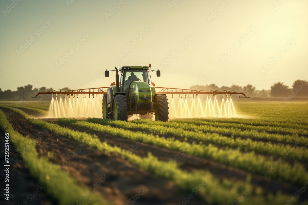 A modern green tractor irrigates a lush crop field, basking in the soft light of an early morning sun A modern green tractor irrigates a lush crop field, basking in the soft light of an early morning sun