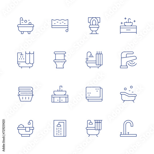 Bathroom line icon set on transparent background with editable stroke. Containing bathtub, shower, bathing, bath, sponge, toilet, sink, towel, bathroom, faucet, tap. © Spaceicon