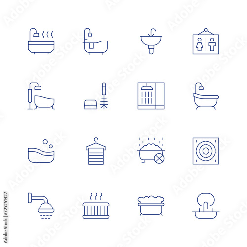 Bathroom line icon set on transparent background with editable stroke. Containing bathtub, bath, shower, toiletbrush, hanger, jacuzzi, sink, bathroom, drain, washbasin.