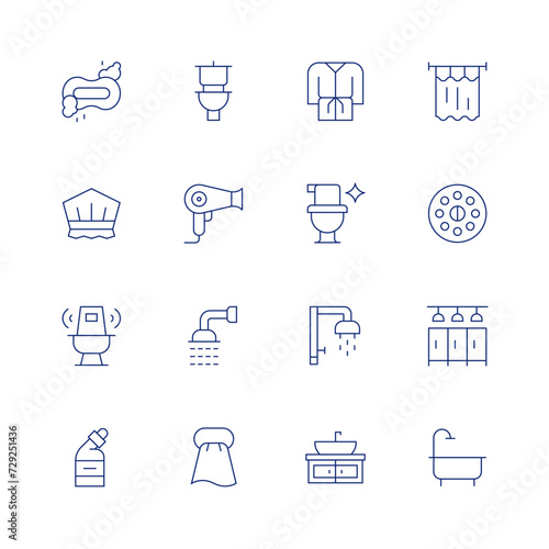 Bathroom line icon set on transparent background with editable stroke. Containing soap, showercap, toilet, wc, hairdryer, showerhead, towel, bathrobe, shower, sink, bathroom, drain, showers, bathtub.