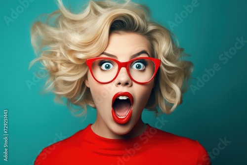 An image captures a woman with a shocked expression, vibrant red glasses, and windswept blonde hair, set against a cool teal backdrop © Oleg Kozlovskiy