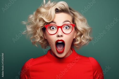 A woman with blonde curly hair, wide-eyed expression, and open mouth, wears red-framed glasses and a red top against a teal background, conveying shock or surprise © Oleg Kozlovskiy