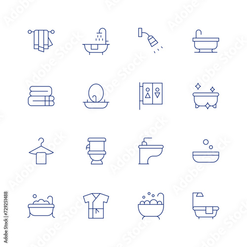 Bathroom line icon set on transparent background with editable stroke. Containing towel, clotheshanger, bathtub, shower, basin, toilet, robe, showerhead, bidet, jacuzzi, bathroom, bath.