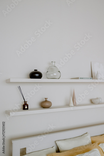 Shelf in the room. Decorative items for the interior.
