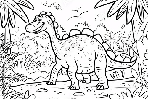 Dryosaurus Dinosaur Black White Linear Doodles Line Art Coloring Page  Kids Coloring Book