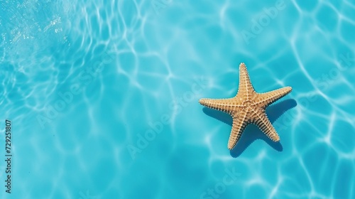 Red starfish under water in calming blue sea water, holiday, vocation and relaxing concept