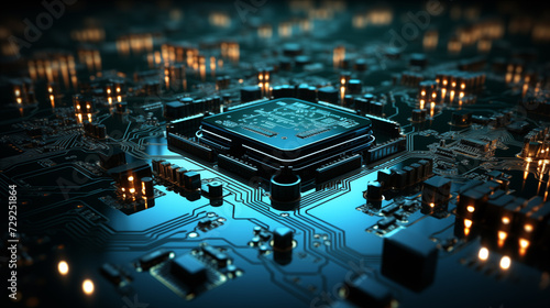 Electronic circuit board close up. CPU chip on Motherboard. Abstract 3D render of a processor computer chip on a cicuit board with microchips and other computer parts.