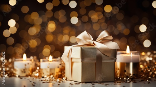 Hyper-realistic visualization featuring beautifully wrapped white and gold Christmas gifts neatly placed on an empty table  enveloped by enchanting blurred bokeh lights. Elegant and festive ambiance  