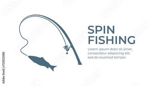 Fishing and active hobby. Fishing spining rod with fishing line. Fish biting a lure. Spin fishing on wobbler bait on the lake or river. Leisure. Оutdoor recreational. Vector illustration flat design.