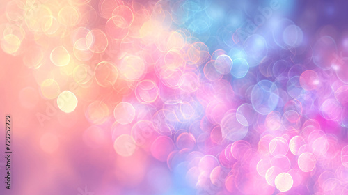 A dreamy abstract background of colorful bokeh lights with a soft gradient of pink and blue hues.