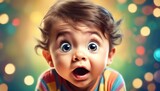 Adorable wide-eyed toddler with colorful background
