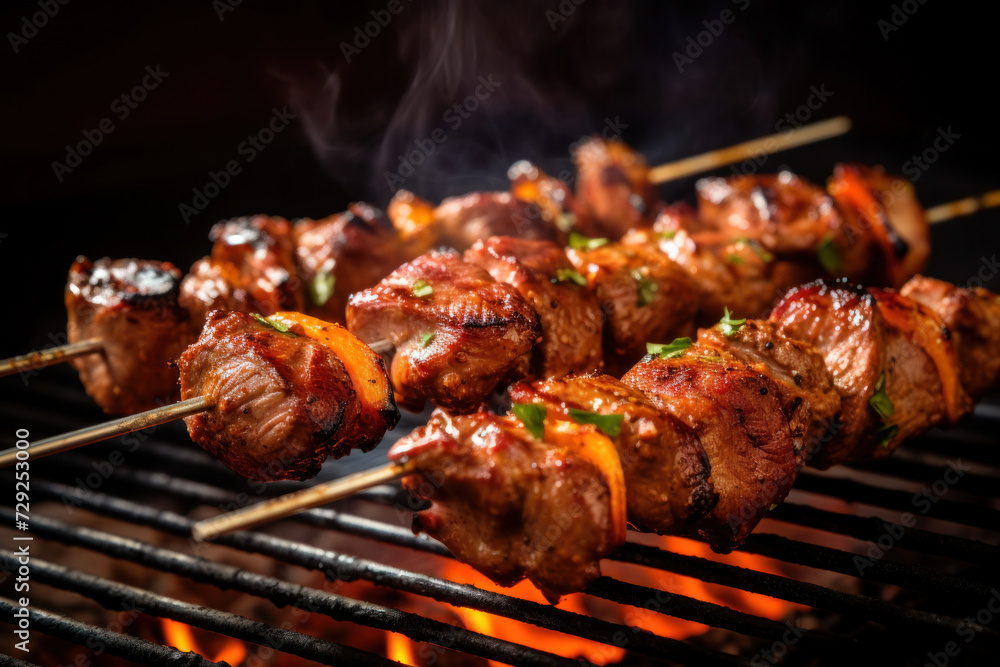 Appetizing, Succulent and delicious grilled meat skewers on the bbq rack.