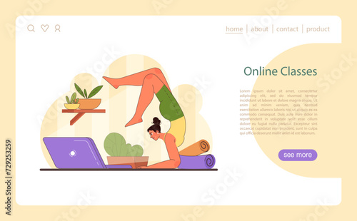 Online Home Workout. A focused woman participates in a virtual yoga session, demonstrating a healthy, active lifestyle from home. Ideal for digital wellness initiatives. Flat vector illustration.