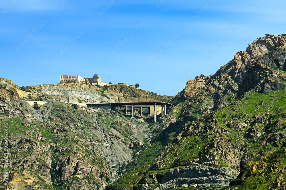 Landscape view of Mountains with bridge from the valley,  from Al Hada , Taif ,Saudi Arabia