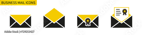 Set of mail envelope icons with attractive design. Important business email with stamp, isolated on white background