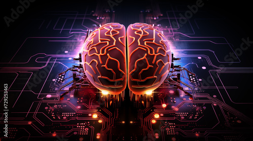 Big data and artificial intelligence concept. Human brain glowing from processor, symbolizing the fusion of human intelligence and machine learning capabilities. Evolution technology of data. 
