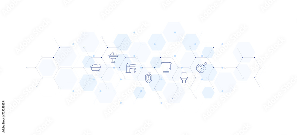 Bathroom banner vector illustration. Style of icon between. Containing urinal, sponge, towel, bathtub, sink, toilet, savewater.