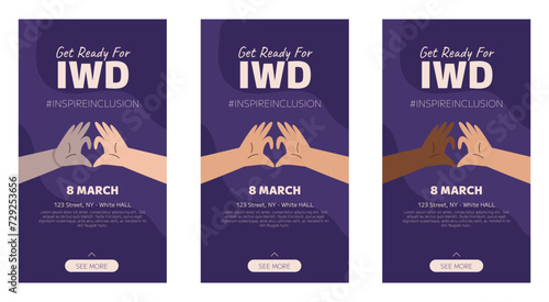 IWD Inspire Inclusion campaign, International Women's Day 2024 Vertical social media stories template collection features variety of hands showing the heart gesture