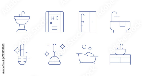 Bathroom icons. Editable stroke. Containing sink, brush, toilet, plunger, shower, bathtub.