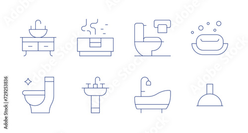 Bathroom icons. Editable stroke. Containing sink, toilet, bath, bathtub, soap, shower.