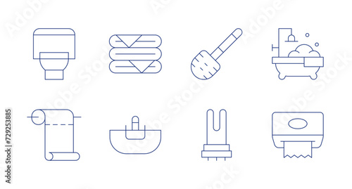 Bathroom icons. Editable stroke. Containing toilet, paper, towel, toiletbrush, heatedtowelrail, bathroom, papertowel, bathtub.