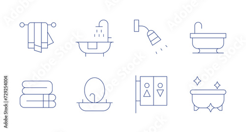 Bathroom icons. Editable stroke. Containing towel, shower, basin, showerhead, toilet, bathroom, bath.