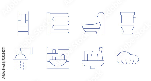Bathroom icons. Editable stroke. Containing towelrail, shower, heatedtowelrail, basin, bathtub, sink, wc, showercap.