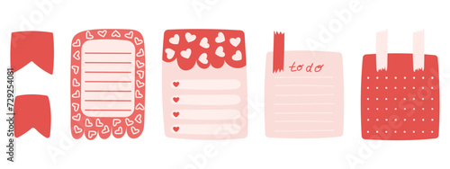 Collection of Valentine day themed memo stickers. Journal planning love sticker sheets. Labels, To Do list, Stationery.